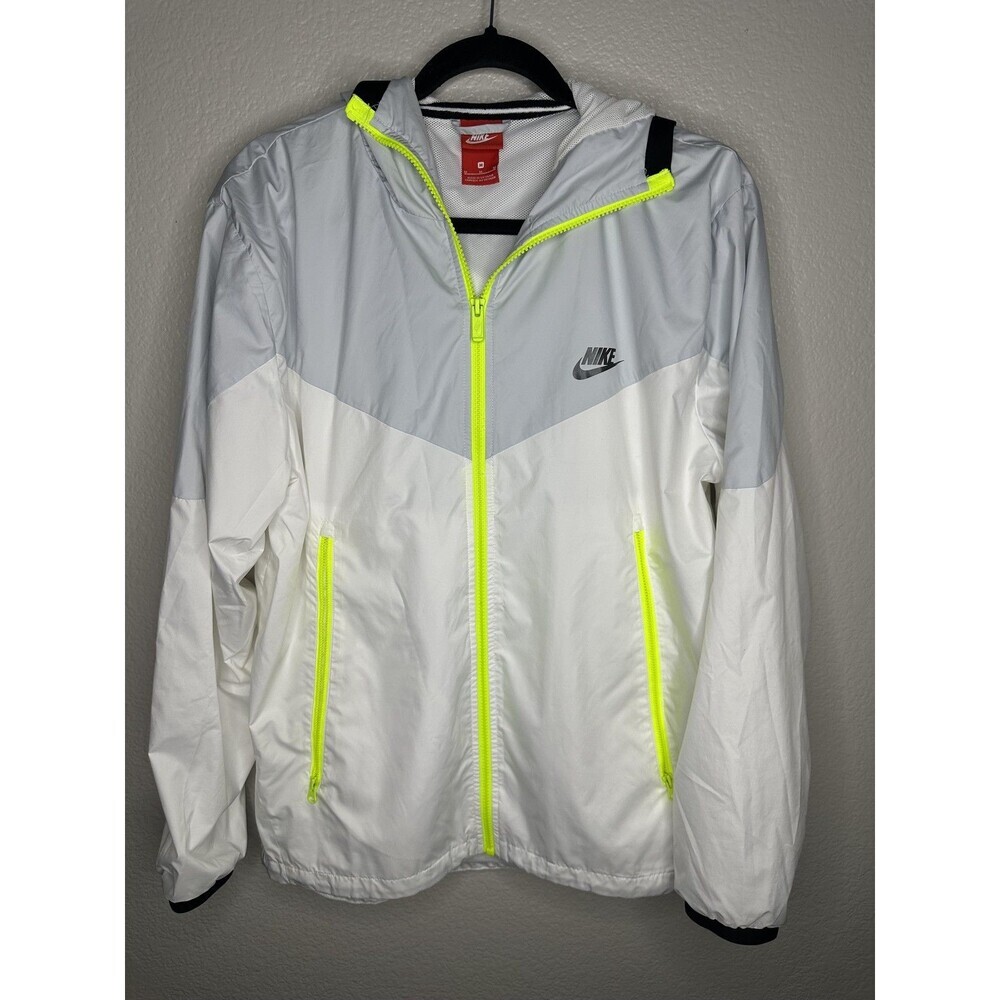 Nike Jacket Mens Medium White Gray Hooded Windbreaker Neon Zip Running Sport - Picture 1 of 6
